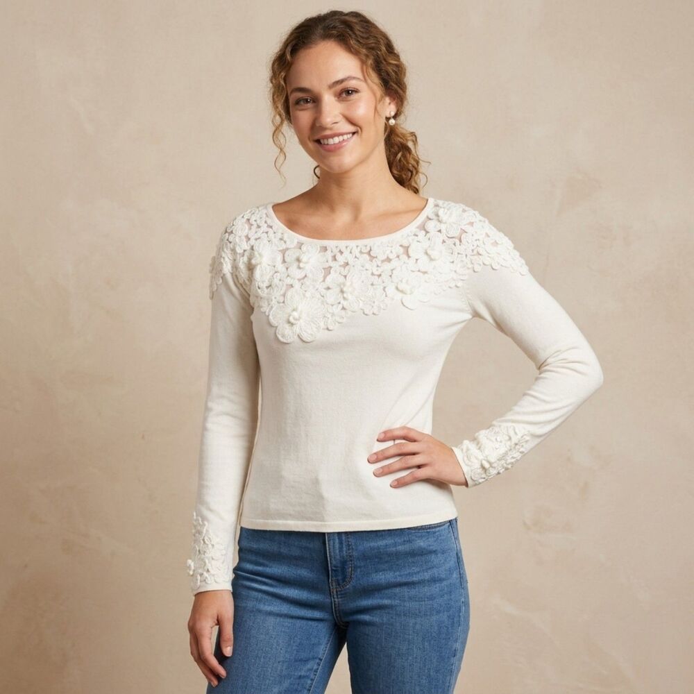 BOSTON PROPER Ivory Floral Applique Lace Crochet Scoop Neck Long Sleeve Top S